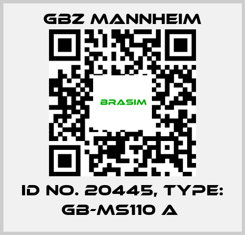 GBZ MANNHEIM-Id No. 20445, Type: GB-MS110 A  price