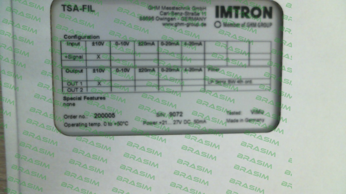 Imtron-P/N: 200005, Type: TSA-FIL1-V1-5K-BW-V1 price