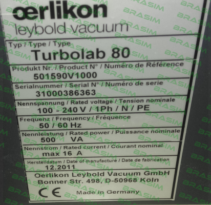 Leybold-P/N:501590V1000  TYPE:Turbolab 80  S/N:31000386363 price