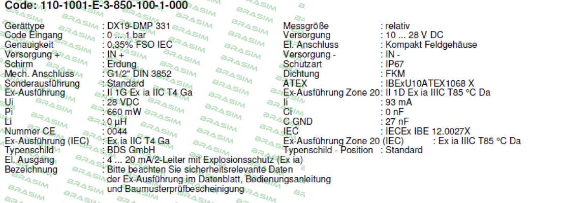 Bd Sensors-DMP 331 Code - 110-1001-E-3-850-100-1-000  price