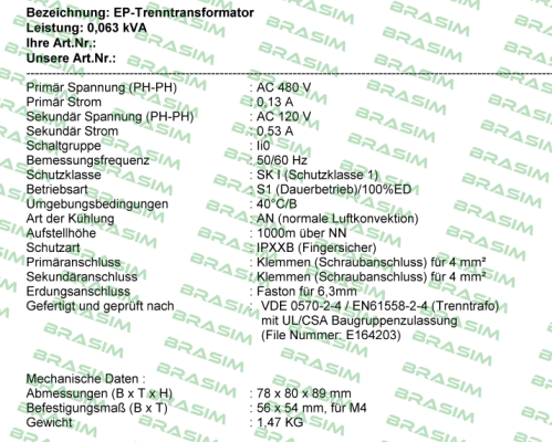 Michael Riedel Transformatorenbau-RSTN 63 UL-CSA / 5795660 / price