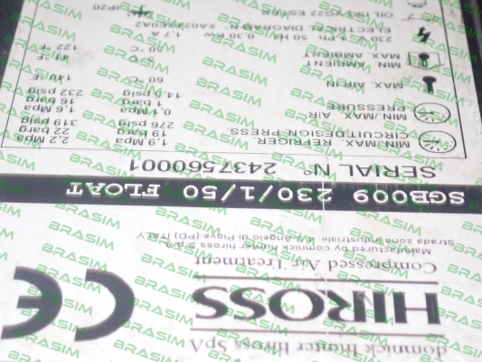 Hiross-Type : SGB009 230/1/50 FLOAT  S/N: 2437560001 obsolete / SPE009-A2301DF16TIS alternative price