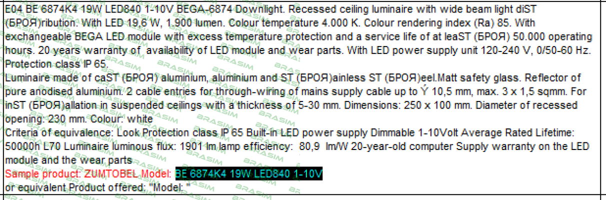 Zumtobel-BE 6874K4 19W LED840 1-10V  price