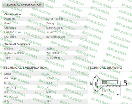 Fabory-69195.100.045 (pack 1x250)  price