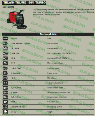 Telwin-Art. Nr.821052, type  TELMIG 150/1 TURBO  price